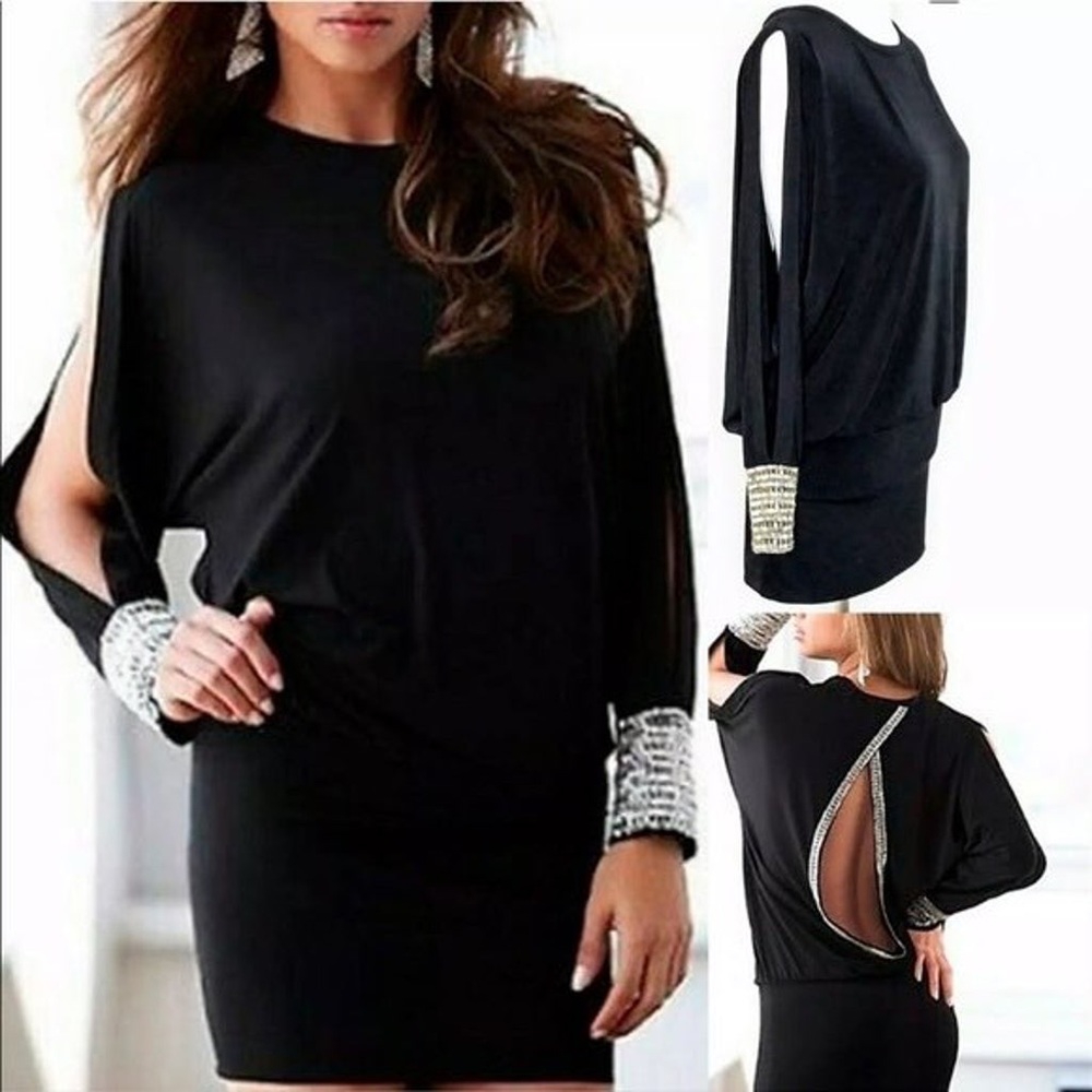 Moda International Embellished Open Back Black Dress, XS. NWOT.
